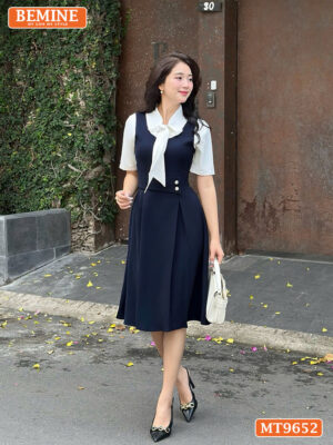 Đầm thiết kế BEMINE cổ trụ thắt nơ dáng chữ A eo đính nút MT9652 3