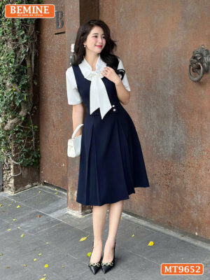 Đầm thiết kế BEMINE cổ trụ thắt nơ dáng chữ A eo đính nút MT9652 1