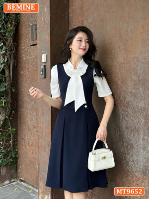 Đầm thiết kế BEMINE cổ trụ thắt nơ dáng chữ A eo đính nút MT9652